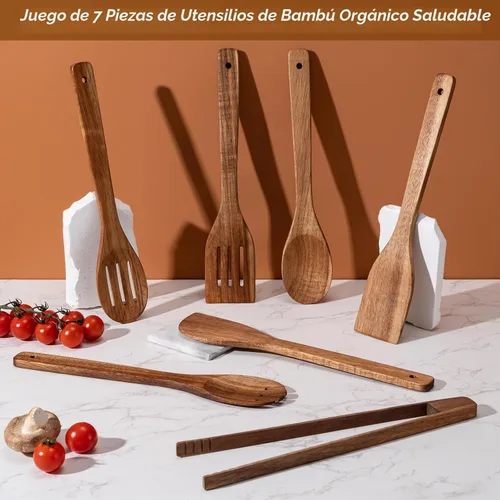 Vista 3 de Eisinly Cucharas de madera para cocinar, 7 piezas, juego de utensilios de cocina de madera antiadherentes, cuchara de espátula de madera duradera