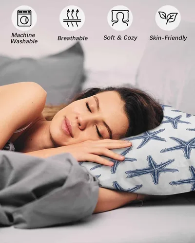 Vista 4 de Juego de 2 fundas de almohada de microfibra azul marino con estrellas de mar de playa tamaño estándar, fundas de almohada lumbares decorativas