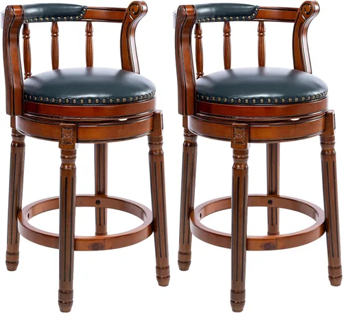 Vista 9 de RAINMOOD Juego de 2 taburetes de bar, taburete tapizado de cuero de grano completo, silla de bar negra con respaldo, patas de madera maciza