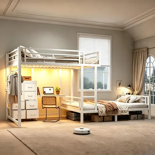 Vista 2 de Bellemave Full Over Full Bunk Bed with Desk & 8 Storage Drawers, Sturdy Steel Bunk Bed Frame with Detachable Hanging USB & Hanging Rod for Kids