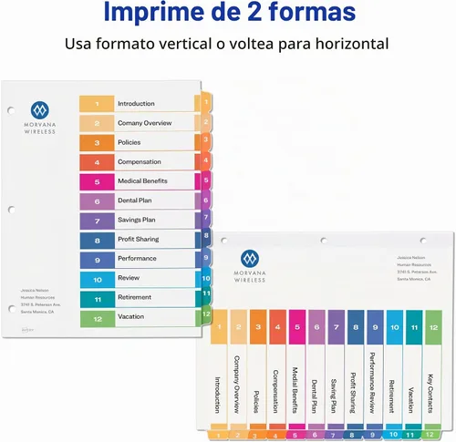 Vista 3 de Avery Separadores de 12 pestañas para carpetas de 3 anillas, índice personalizable, pestañas multicolor, 6 juegos (11196)