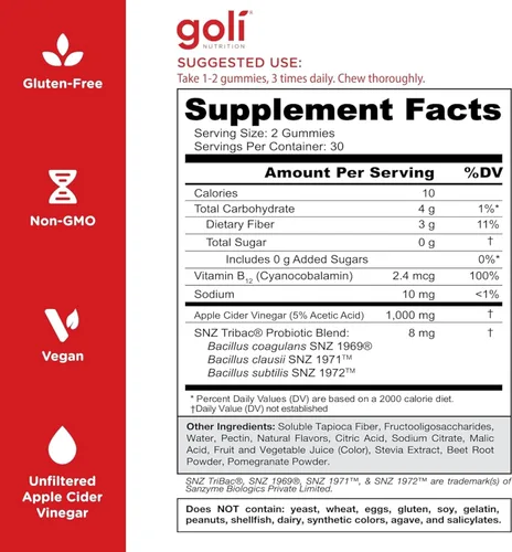 Vista 5 de Goli Zero Sugar Apple Cider Vinegar Gummies - ACV with Vitamin B12 and Probiotics - No Sugar Alcohols - Vegan, Keto-Friendly, Gluten-Free