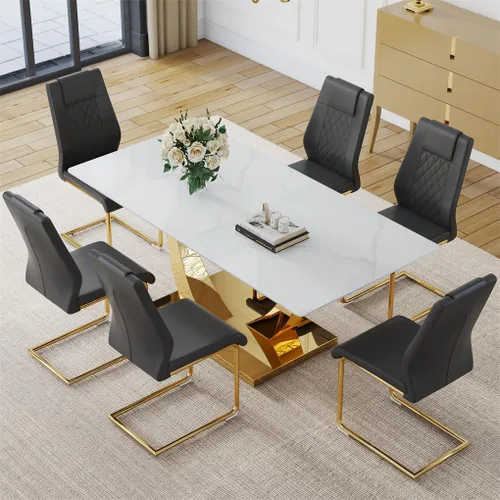 Vista 28 de Juego de mesa de comedor para 4, mesa de comedor de mármol sintético de 63 pulgadas con patas y base de acero inoxidable, sillas acolchadas