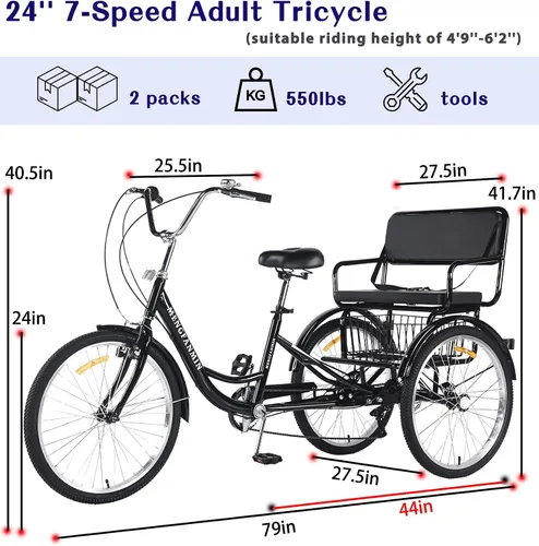 Vista 3 de Triciclo para adultos de 7 velocidades, triciclo para adultos con asiento trasero para damas, bicicletas de 3 ruedas de 24 pulgadas, triciclo