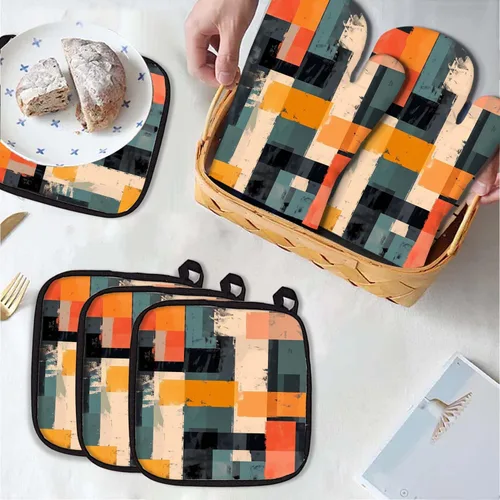 Vista 7 de MCALK Juego de 5 manoplas de horno y soportes para ollas, guantes abstractos para horno y almohadillas calientes para cocina de cocina, manoplas