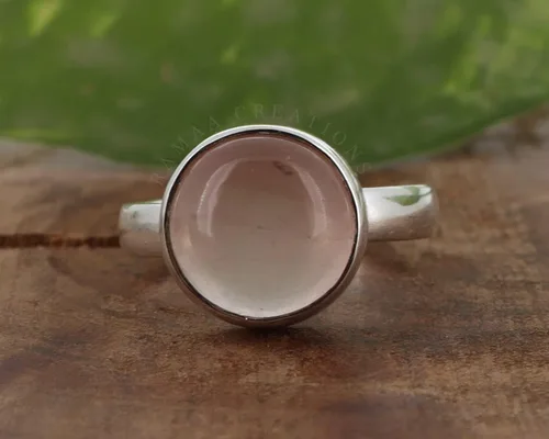 Vista 3 de Anillo de plata de cuarzo rosa Anillo de cuarzo rosa redondo natural Plata de ley 925 Joyería hecha a mano