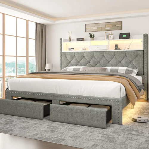 Vista 9 de Base de cama de lino tamaño completo con cabecera de almacenamiento de 2 niveles y estación de carga, marcos de cama de plataforma tapizados con 2