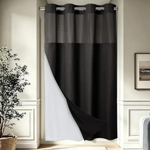 Vista 15 de EUTXL Cortina de ducha beige sin gancho con forro a presión, 230 GSM, cortinas de ducha para baño, 71 pulgadas de ancho x 74 pulgadas de alto