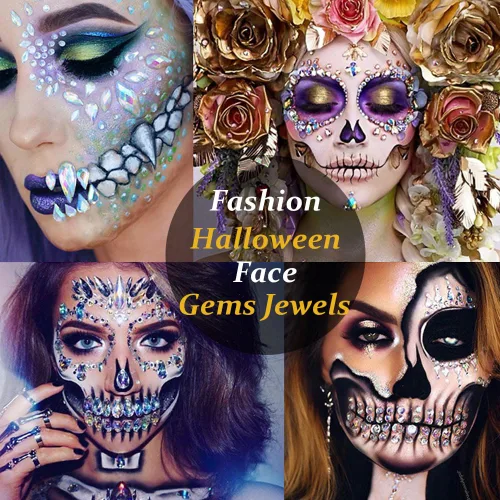 Vista 6 de 4 juegos de joyas de cara de Halloween con purpurina y esqueleto de azúcar, gemas para festivales, cristales, tatuajes faciales, calcomanías, ojos