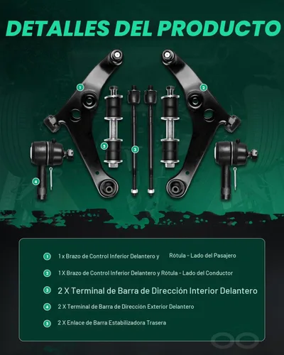 Vista 3 de SCITOO Juego de 8 piezas de suspensión Brazo de control inferior delantero con rótula Kit de extremo de barra de acoplamiento interior y exterior