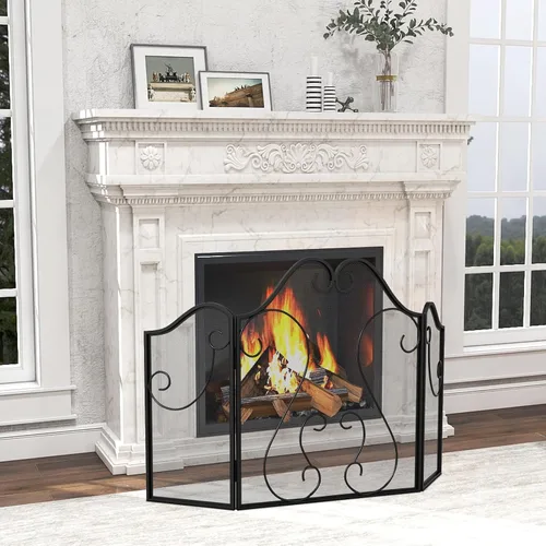 Vista 3 de Tangkula Pantalla de chimenea de 3 paneles, cubierta plegable de protección contra chispas con pergamino decorativo, puerta de chimenea