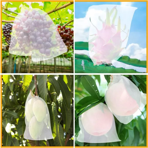 Vista 4 de Kikhope 100 bolsas de protección de frutas, bolsas de red de jardín de 6 x 4 pulgadas con cordón, bolsas de red de frutas, bolsas de barrera de red