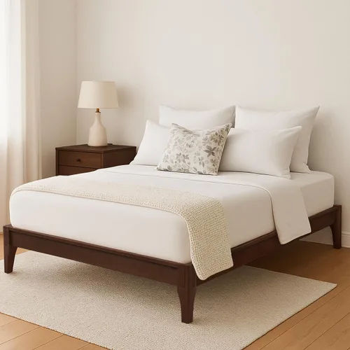 Vista 13 de Merax Cama de plataforma de bambú de tamaño completo, marco de cama moderno de mediados de siglo con soporte de listones de madera, no necesita