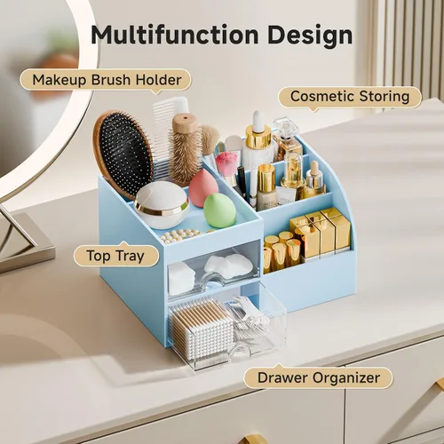 Vista 4 de Organizador de maquillaje con 2 cajones, organizadores de maquillaje para encimera de tocador y baño, organización de maquillaje y almacenamiento