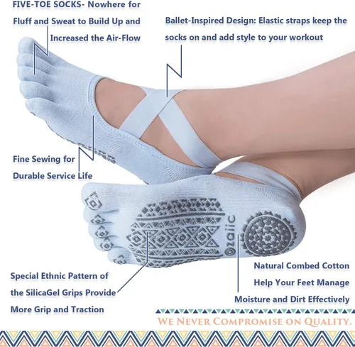 Vista 2 de Ozaiic Yoga Socks for Women with Grips, Non-Slip Five Toe Socks for Pilates, Barre, Ballet, Fitness