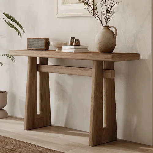 Vista 17 de Mesa consola de madera de 45 pulgadas para mesa de entrada, consola minimalista estrecha retro de granja con madera de mango maciza, mesas de sofá