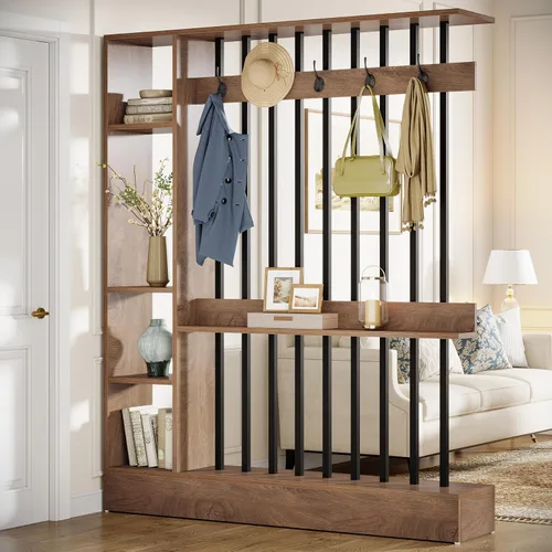 Vista 10 de Tribesigns Divisor de pared de habitación, estantería independiente de madera con estantes y ganchos para abrigos, 71 pulgadas, moderna partición