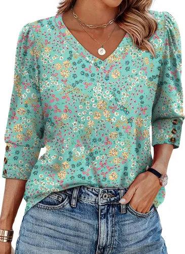 Vista 15 de XIEERDUO - Blusas de manga 3/4 para mujer, cuello en V, con botones, estilo A-blanco