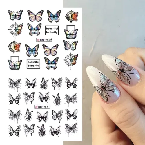 Vista 2 de SINSEN Calcomanías de arte de uñas de mariposa, mariposas coloridas de primavera y verano, bonitas decoraciones de arte de uñas para mujeres