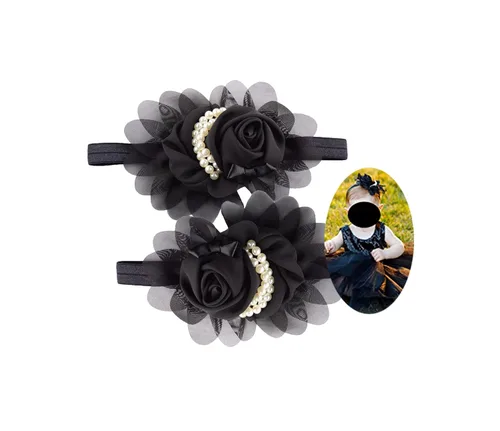 Vista 2 de 2 diademas negras para bebé niña con perlas y flores de perlas, accesorios de banda para el pelo para niños pequeños (FD48-negro)
