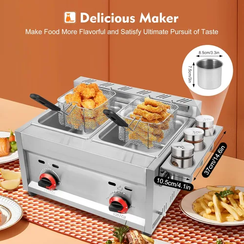 Vista 2 de Freidora comercial de gas, cocina de acero inoxidable para encimera de 12 litros con 2 cestas extraíbles de 6 litros, freidora grande de doble