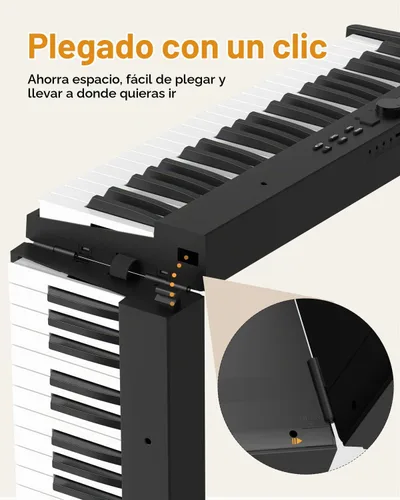 Vista 2 de KONIX Teclado de piano plegable, 88 teclas, tamaño completo, teclado plegable semiponderado, teclado electrónico portátil Bluetooth con soporte