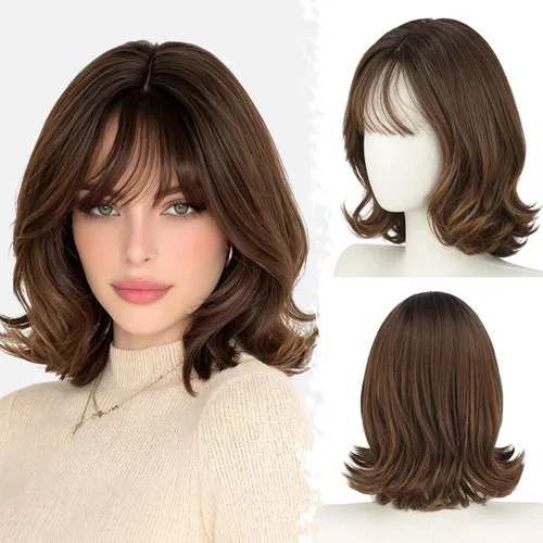 Vista 10 de BARSDAR Synthetic Short Layered Brown Highlights Bob Wig with Wispy Bangs