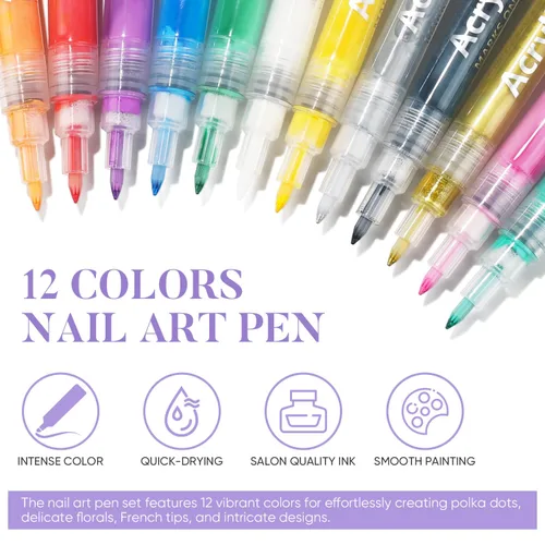 Vista 2 de AIMEILI Juego de bolígrafos de arte de uñas de 12 colores, bolígrafos de pintura acrílica de punta fina para salón y hogar, diseño de uñas, pincel
