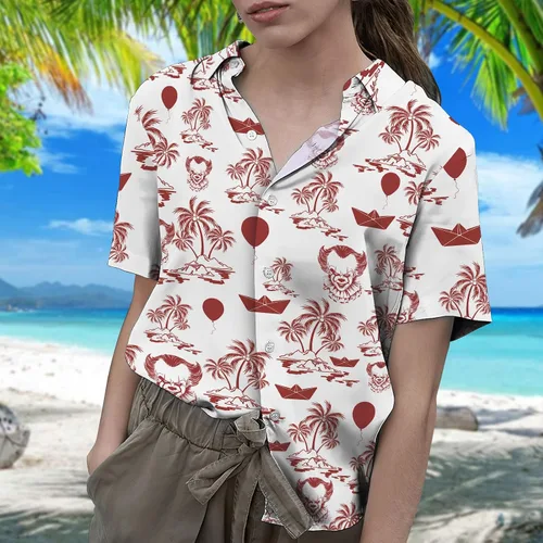 Vista 4 de HUNTFAMI Camisa hawaiana de película de miedo, personajes de películas de terror, camisa casual con botones, regalos para Halloween, regalos