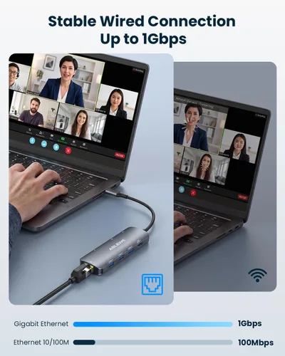 Vista 3 de ABLEWE USB C Hub Ethernet, Hub USB C multipuerto a HDMI, Adaptador USBC 8 en 1 de 4K@60Hz, 1000Mbps, PD de 100W, 3 puertos USB 3.0, estación