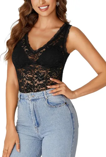 Vista 3 de Rooscier - Blusa sin mangas para mujer, con encaje floral, cuello en V, con volantes, transparente, sin sujetador