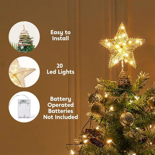 Vista 4 de Joiedomi Decoración para árbol de Navidad de 8 pulgadas, decoración de estrella de metal dorado con adornos alimentados por batería con luces LED