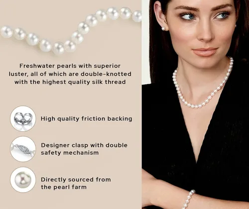 Vista 5 de Juego de joyas de perlas de oro de 14 quilates para mujer, collar y aretes de perlas de agua dulce con pulsera de perlas Perlas cultivadas