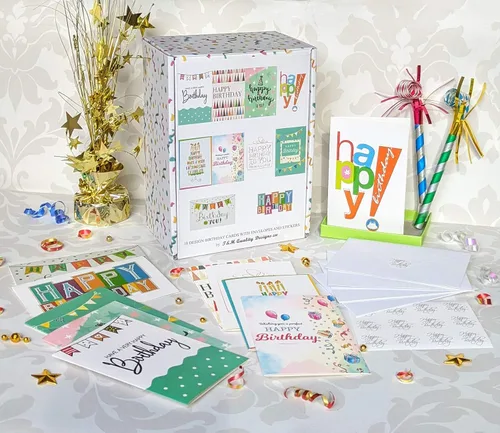 Vista 4 de 120 tarjetas de feliz cumpleaños para oficina, negocios y uso personal con mensaje genérico corto en el interior, notas de felicitación surtidas a