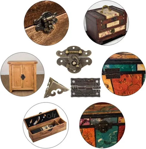 Vista 7 de 2 juegos de caja de madera para el pecho, cerrojo con cierre de pestillo, bisagras decorativas retro y protectores de esquina con tornillos, joyero