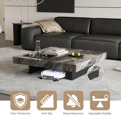 Vista 4 de Mesa de centro cuadrada de 43.3 pulgadas para sala de estar, moderna mesa de centro de piedra sinterizada gris con base de acero al carbono negro