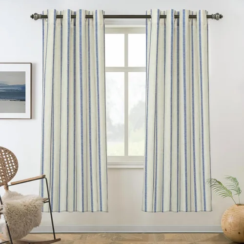 Vista 15 de DriftAway Cortinas opacas de mezcla de lino de granja de 90 pulgadas de largo para dormitorio, cortinas de lino con estampado de rayas verticales