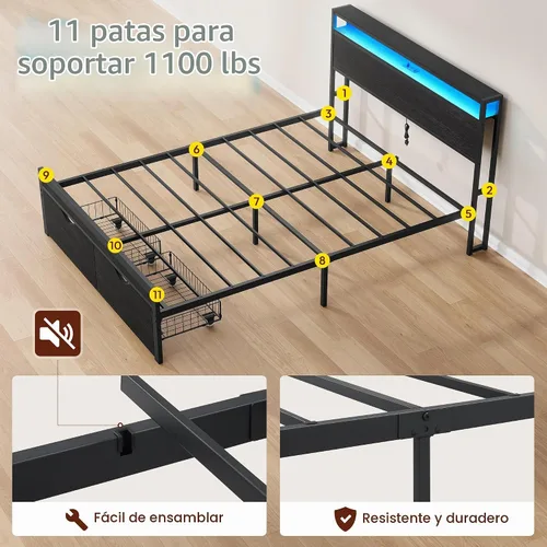 Vista 8 de FAVOOSTY Base de cama de tamaño matrimonial con cabecera de 2 niveles, plataforma de metal con 2 cajones de almacenamiento, luces LED y estación