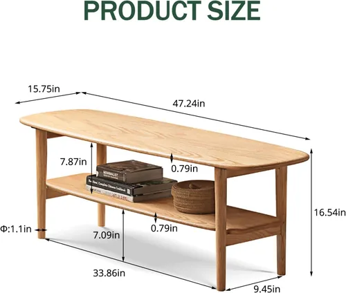 Vista 2 de Mesa de centro 100% madera de roble maciza con estante abierto, mesa de centro ovalada estrecha para espacios pequeños, sala de estar