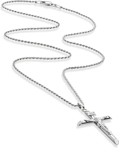 Vista 2 de Miabella Rhodium Plated 925 Sterling Silver Small or Large Crucifix Cross Necklace for Men Women, Cross Pendant with Rope Chain, Made in Italy
