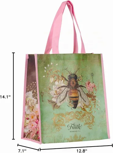 Vista 8 de Christian Art Gifts Bolsa de compras reutilizable floral Bumble Bee Versículo bíblico de fe, multicolor, Romanos 5:1, fácil de sostener, bolso Verde