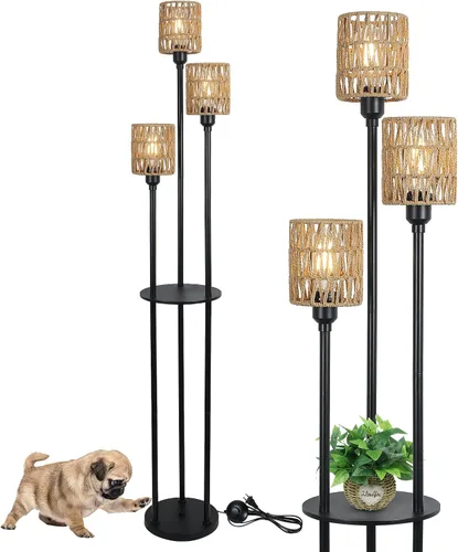 Vista 11 de Lámpara de pie con estantes, lámparas de pie modernas para sala de estar, lámpara de pie de 3 luces con pantalla de lino e interruptor de pie