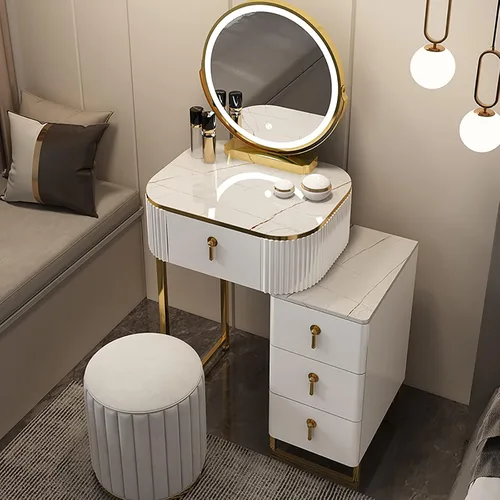 Vista 13 de Juego de mesa de tocador de maquillaje con 3 modos, espejo iluminado ajustable, 5 cajones, mesa de maquillaje con taburete acolchado suave, tocador
