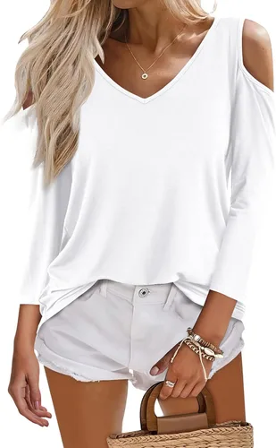 Vista 3 de Amoretu Camisas de manga larga para mujer, con hombros descubiertos, cuello en V, túnica
