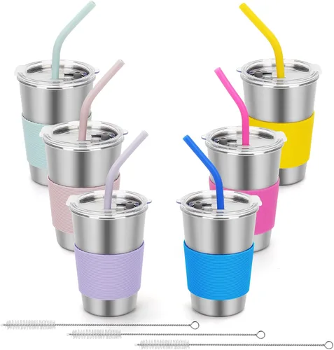 Vista 8 de Vaso de agua con tapas, paquete de 6 vasos de acero inoxidable a prueba de derrames, reutilizable, apilable, de 16 onzas, con tapas, para niños