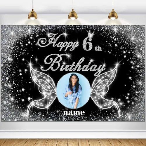 Vista 61 de Cartel personalizado de decoración de fiesta de cumpleaños número 100 - tema de alas de ángel - negro y plateado HY-NLK-100º