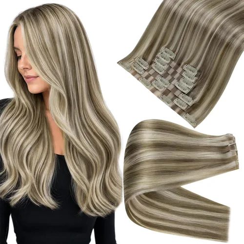 Vista 49 de Full Shine Extensiones de Cabello Rubio con Clip Reflejos Cabello Humano Extensiones con Clip Rubio Ceniza Mezcla Rubio Decolorado PU Extensiones