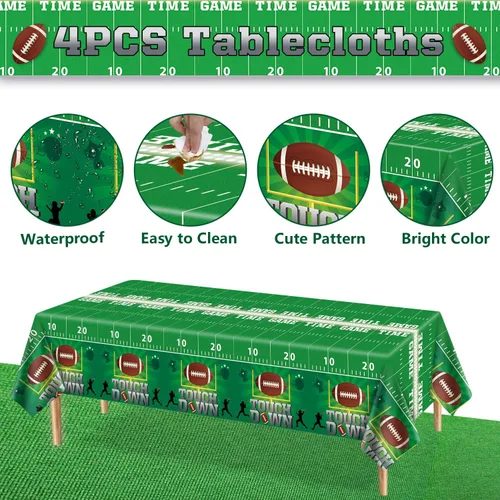 Vista 6 de Paquete de 4 manteles de fútbol americano, fundas para mesa de cumpleaños, fiesta temática de fútbol, mantel desechable para mesa de retorno