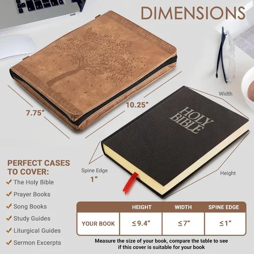 Vista 2 de Funda para Biblia con diseño de árbol de la vida grabado, funda protectora de piel sintética auténtica con asa, cremallera, bolsillos y ranuras