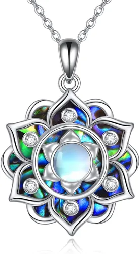 Vista 8 de ONEFINITY Collar de loto de plata de ley 925 con colgante de piedra lunar para yoga, joyería de loto para mujer